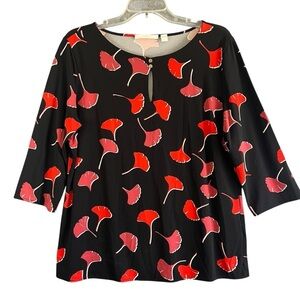 BOSS Hugo Boss Black & Red Ginko Flower Floral 3/4 Sleeve Blouse Size XL